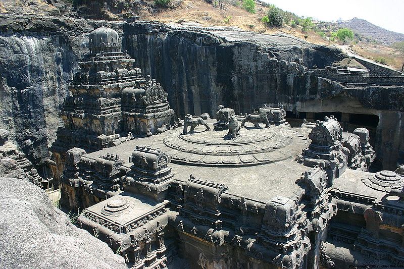 Kailash temple in Ellora caves, Aurangabad, Maharashtra, India. Carved out of a single rock. Built by King Krishna 1 of Rashtrakuta dynasty. completed in 8th century C.E.