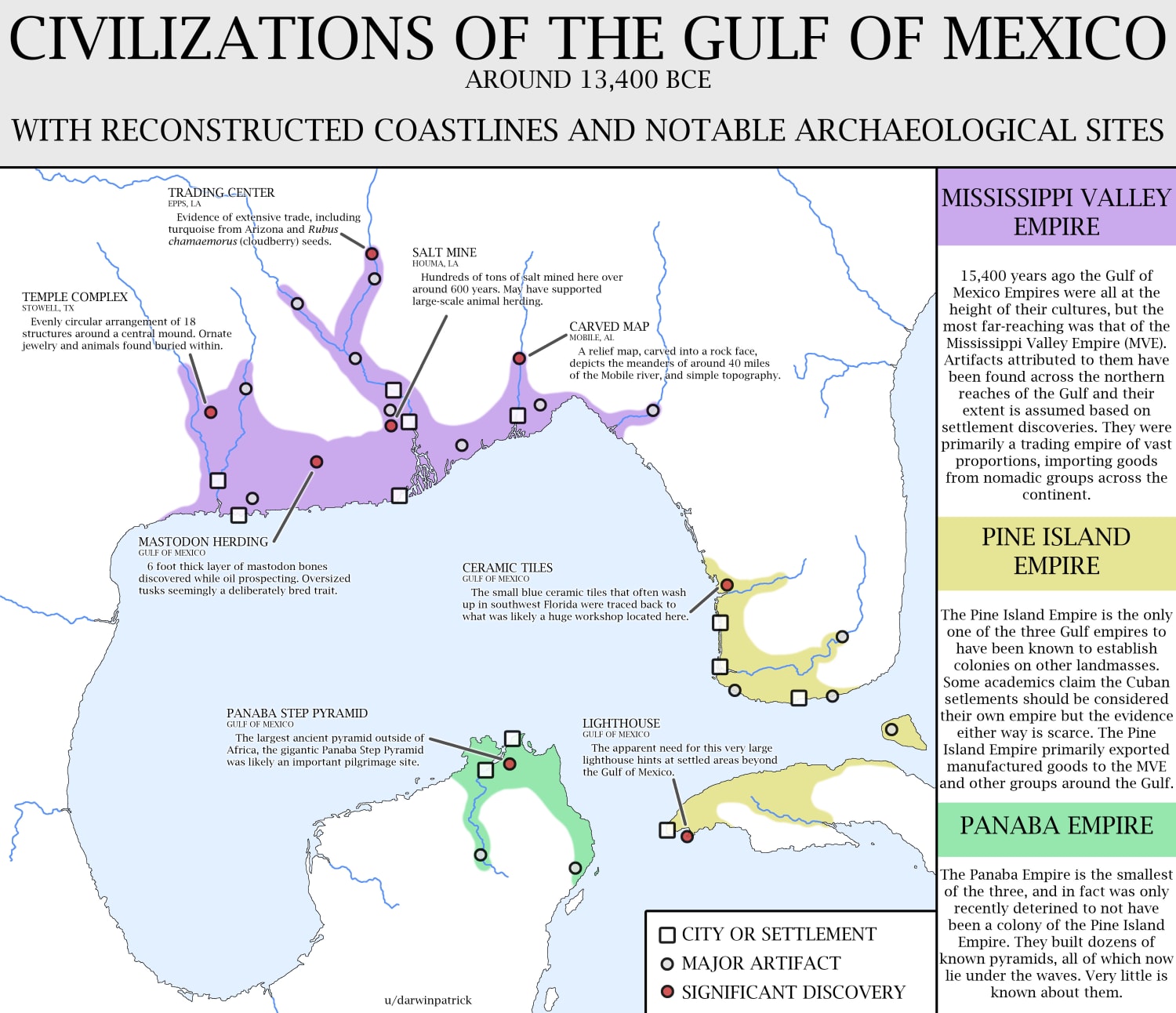 Civilizations of the Gulf of Mexico, with reconstructed coastlines and notable archaeological sites- 13,400 BCE