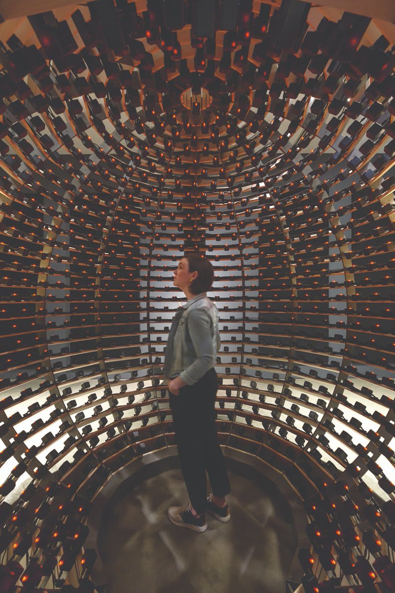 Talk about surround sound Rafael Lozano-Hemmer's "Sphere Packing: Bach" (2018) is a 3-meter diameter spherical frame made out of aluminum and wood which supports 1,128 loudspeakers. Each plays a different composition by Johann Sebastian Bach.
