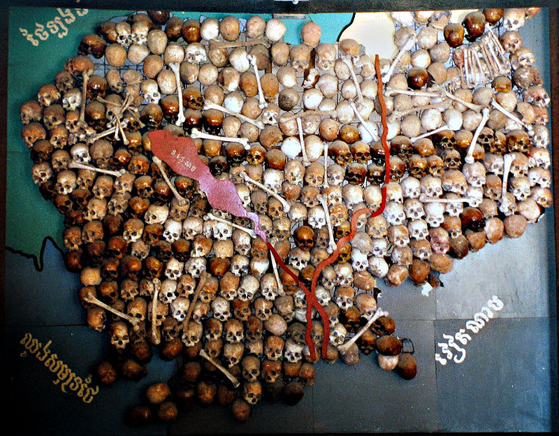 A skull map, created with the bones of some of the three million victims of the Cambodian communist experiment. Photo taken in 1997, at an exhibition in the former S-21 prison camp at Tuol Sleng, in Phnom Penh, Cambodia.