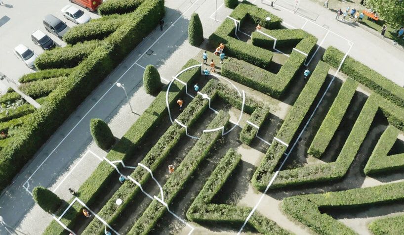 benedetto bufalino turns labyrinth into three-dimensional football field in luxembourg.