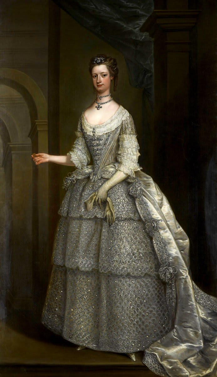 Lady Frances Montagu in the astonishing bridesmaid gown she wore to Princess Ann's wedding,1734