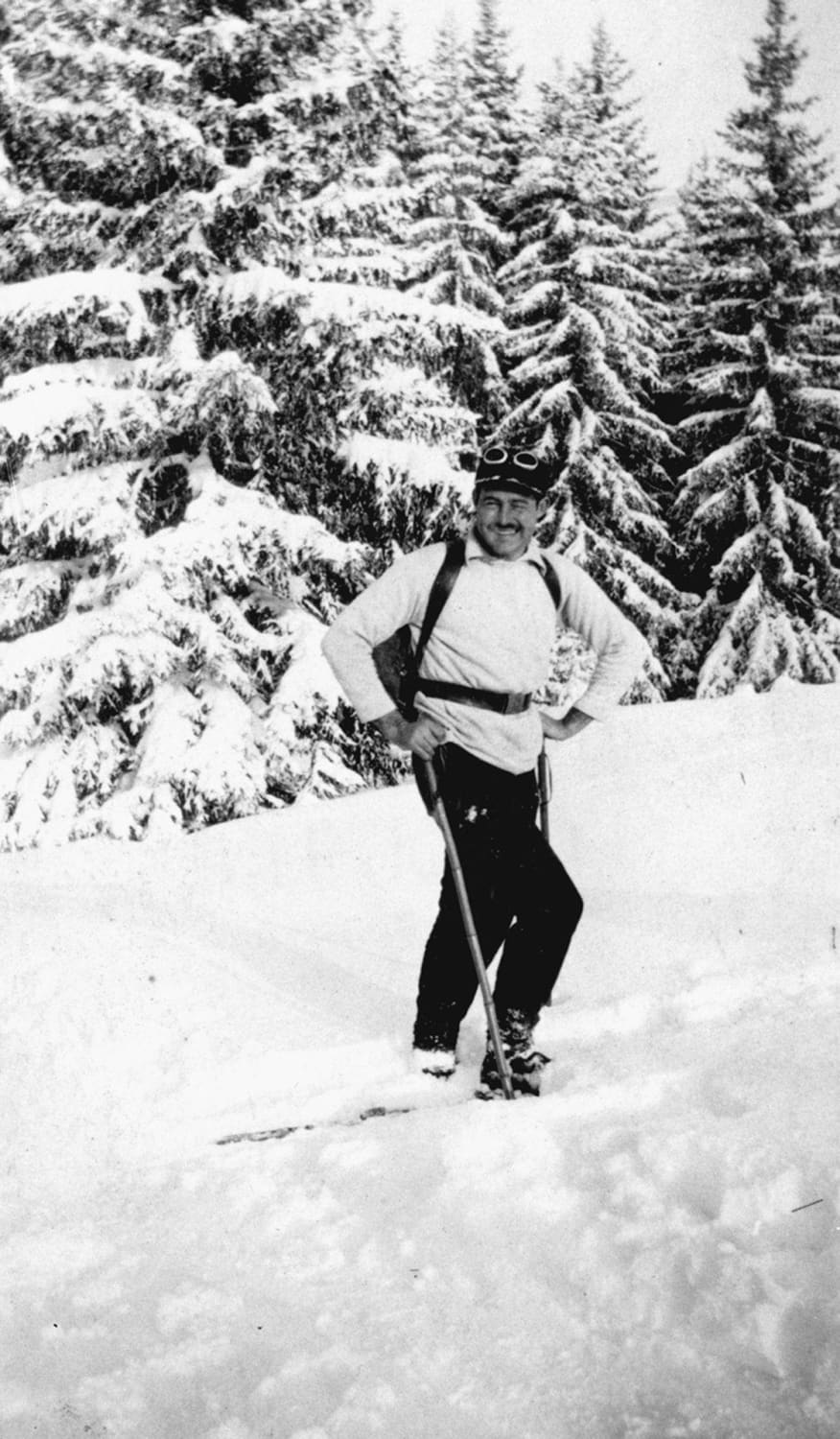 Ernest Hemingway skiing in Gstaad, Switzerland, February, 1927.