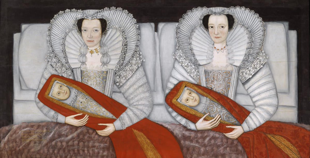 According to the inscription, this painting shows ‘Two Ladies of the Cholmondeley Family, Who were born the same day, Married the same day, And brought to Bed [gave birth] the same day’. On free display at Tate Britain in Walk Through British Art 1540: