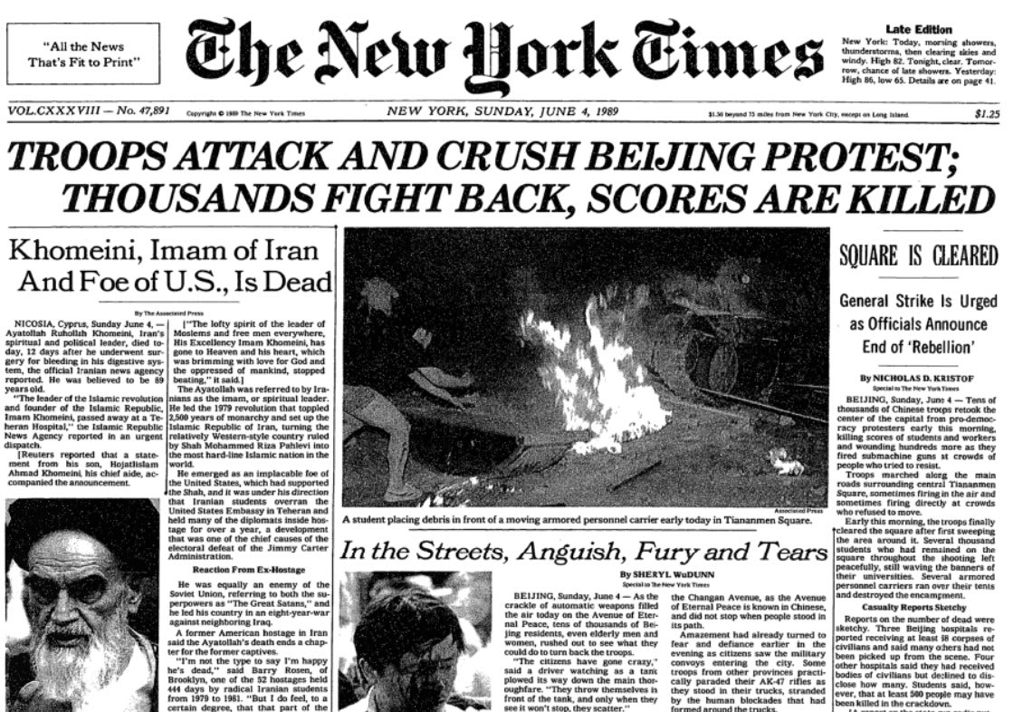 Chinese troops stormed Tiananmen Square on this day in 1989, killing scores of pro-democracy protesters. Thousands of Beijing residents, "even elderly men and women," The Times reported, "rushed out to see what they could do to turn back the troops."
