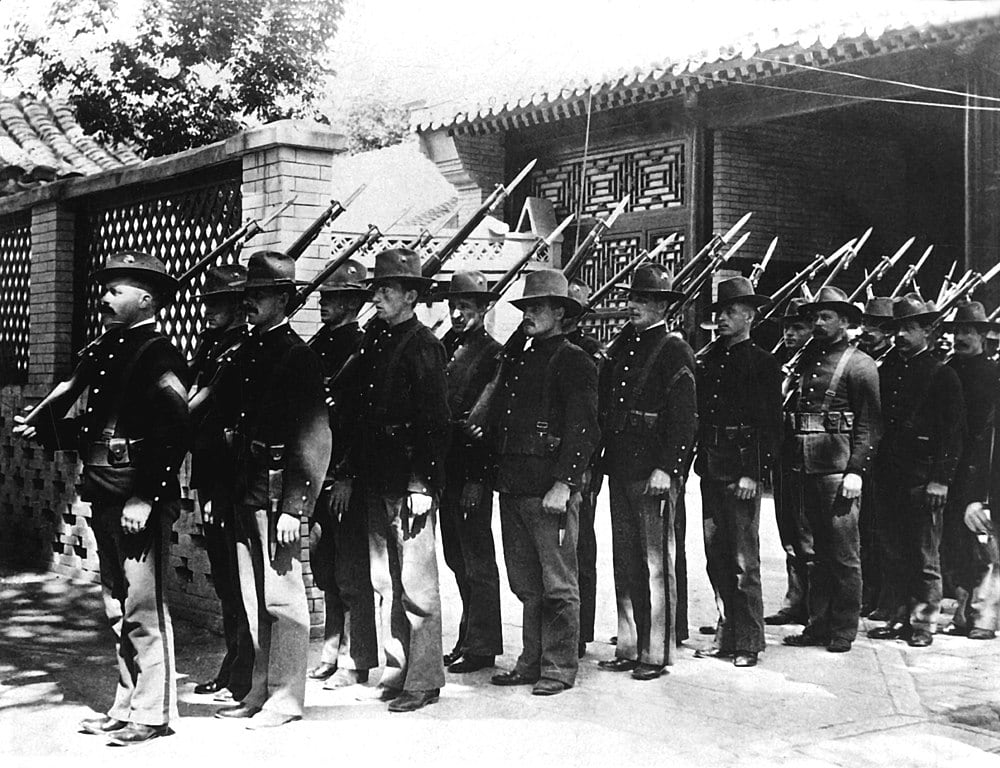 U.S. Marines in Peiping, China readies for deployment to lift the siege in Peking during the Boxer Rebellion, c. June 1900