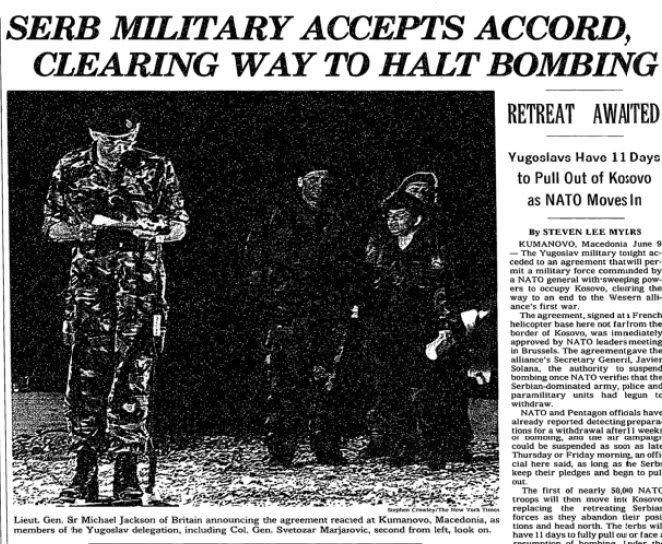 The Yugoslav military signs an agreement to permit a military force commanded by a NATO general with sweeping powers to occupy Kosovo, clearing the way to an end to the Kosovo War, 20 years ago today.