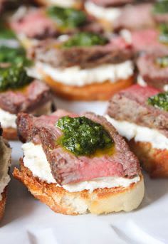 Beef Tenderloin Crostini with Whipped Goat Cheese and Pesto - Domesticate ME