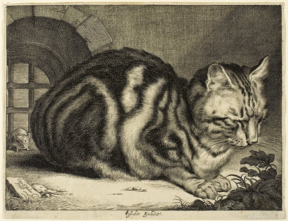 Cornelis Visscher’s engraving is one of the softest, most tactile renditions of a cat ever printed. The breathless mouse sneaking by the corner grate seems barely present in contrast, so light and ghostly is its fur. See "The Large Cat" (1657) on view in Prints and Drawings.
