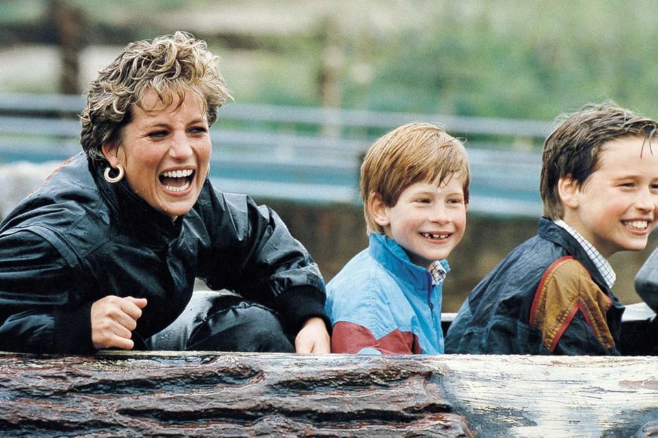 Princess Diana with her two boys on the water ride at Thorpe Park, UK. She lined up like everyone else and tried to give the boys as normal life as possible - 1993