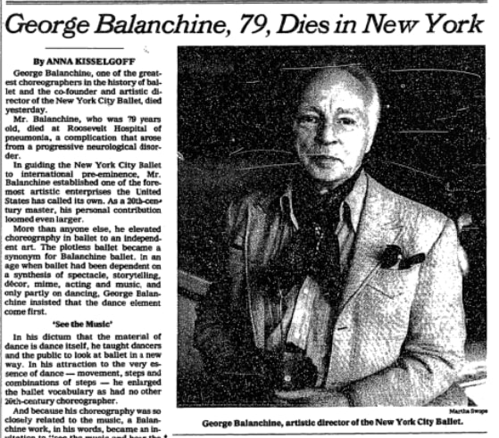 George Balanchine, the co-founder of the New York City Ballet and "one of the greatest choreographers in the history of ballet," died on this day in 1983