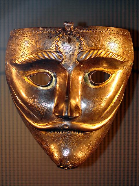A Persian war mask from the 15th Century, gold and steel, now on display at the Museum of Islamic Art in Doha, Qatar