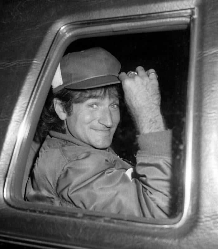 Robin Williams, at 27 years old and a few weeks after the airing of Mork and Mindy, is on his way to Studio 54 to attend a party celebrating his new found fame. New York 1978.