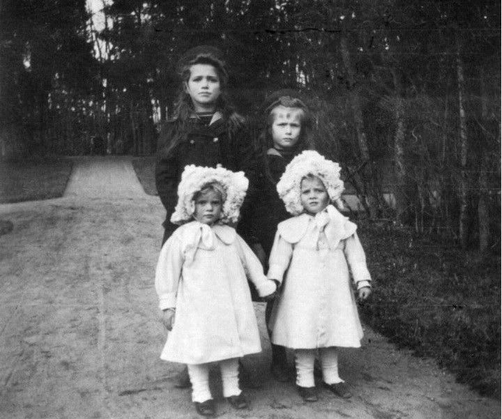 The youngest daughters of Tsar Nicholas II with the eldest sisters of Prince Philip, Duke of Edinburgh c.1908