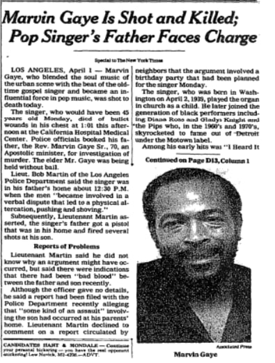 Marvin Gaye was killed today in 1984, a day short of his 45th birthday. The singer, described as "an influential force in pop music" by The Times was shot by his father.