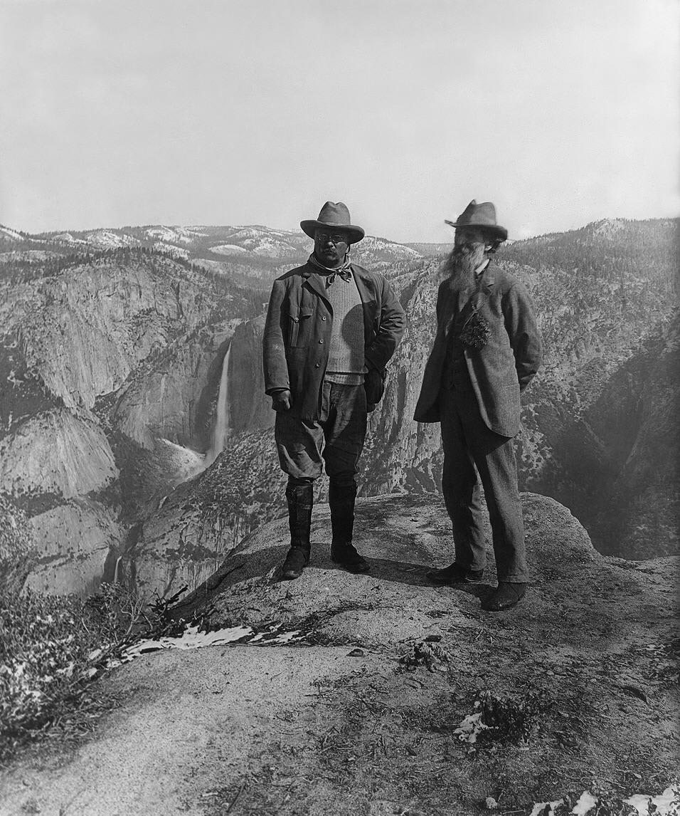 26th President of the United States, Theodore Roosevelt, and famous naturalist, John Muir, on Glacier Point at Yosemite National Park in 1906.