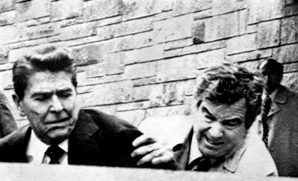 Ronald Reagan with Jerry Parr, the Secret Service agent who helped save his life during the Hinckley assassination attempt in 1981. Parr's fascination with the service began as a child when his father took him to see the 1939 film “Code of the Secret Service,” which starred a young Ronald Reagan.