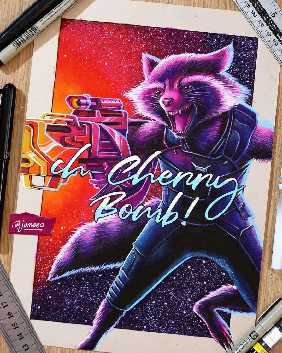 Recently shared a Synthwave inspired Star-Lord piece, which in turn inspired this Synthwave style Rocket Raccoon piece! (@jomeeo)