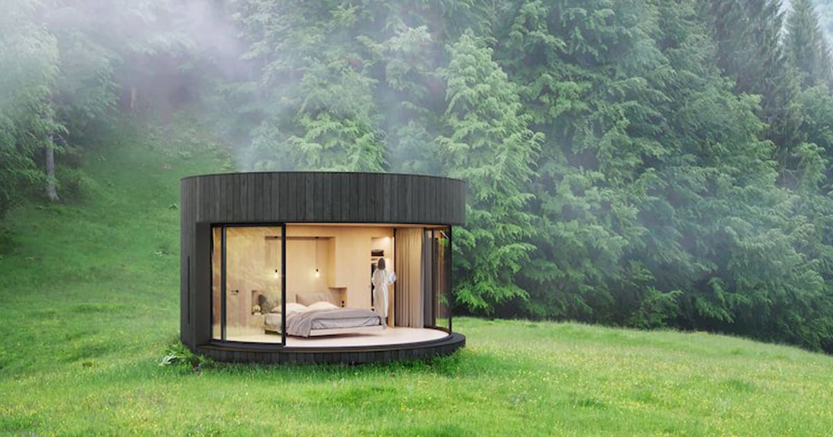 LUMIPOD is a curved prefabricated cabin designed to reconnect people with nature