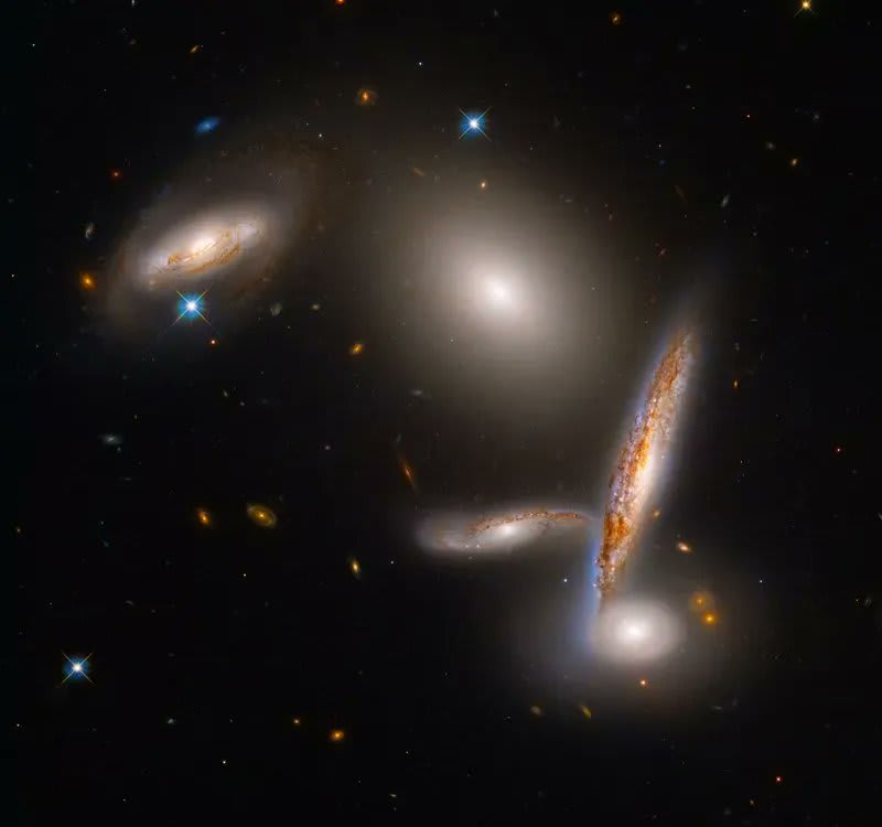 This stunning and unusual group of galaxies will eventually collide to form one giant elliptical galaxy. This gorgeous image was released to celebrate Hubble's 32nd anniversary since it became operational in 1990. Read more: https://t.co/mBTtXYVOPY NASA, ESA, STsci
