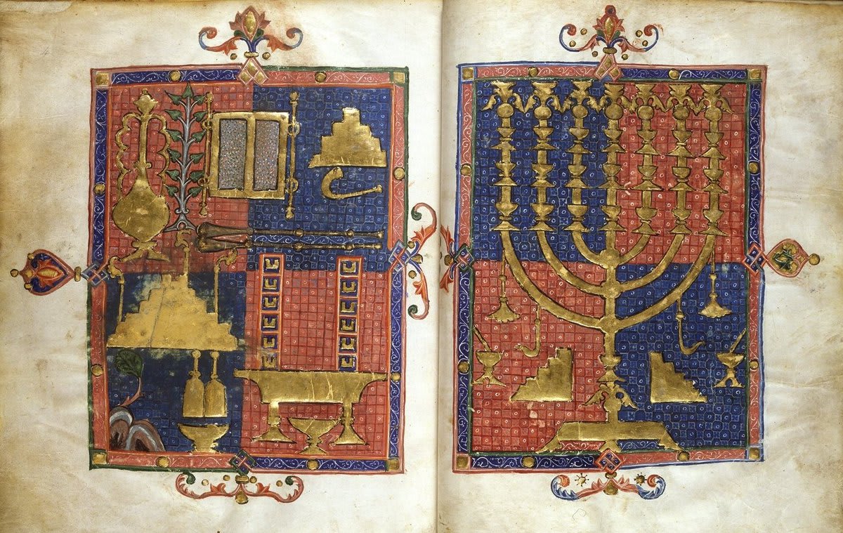 On the final day of Hanukkah, see the full-page miniature of a menorah surrounded by Temple instruments, from a Hebrew Bible. ManuscriptMonday The 'Duke of Sussex's Catalan Bible, Spain (Catalonia), 3rd quarter of the 14th century  Add MS 15250, f. 3v