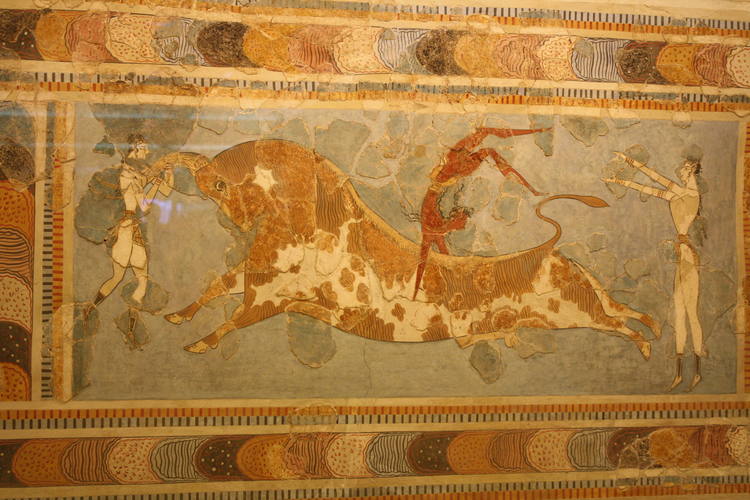 A fresco showing bull leaping, Minoan Knossos (Final Palatial period 1450-1400 BCE), Heraklion Archaeological Museum, Crete.