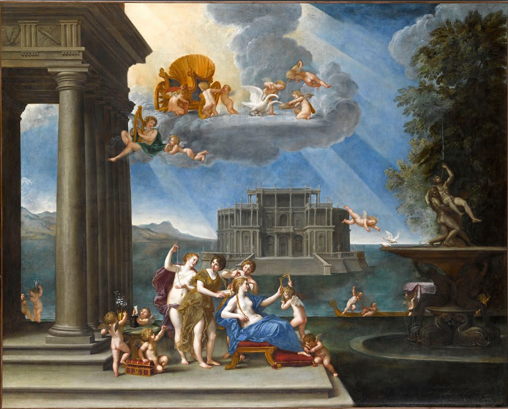 [#UnJourUneOeuvre] Sur le bord d'un lac, devant un palais fantastique, Vénus est parée par ses suivantes afin de séduire Adonis. Dans le ciel, des amours s'attachent à réparer son char ou nourrissent les cygnes qui le tirent. ☛