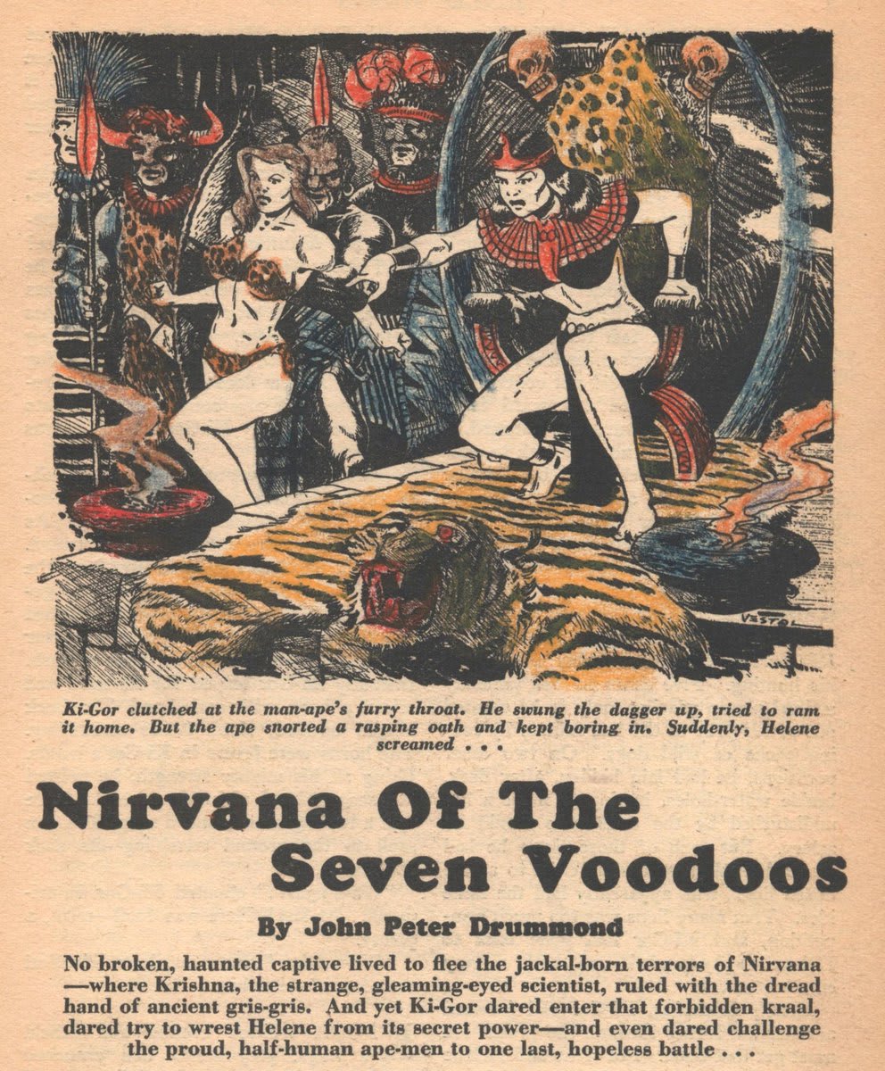 "Nirvana of the Seven Voodoos" From the Spring issue of Jungle Stories. Some previous owner hand-colored the illustrations of this particular issue.