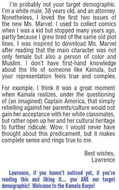 Talks about the target audience of Ms. Marvel reminded me of this fan letter from Ms. Marvel (2014) #7