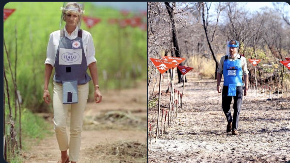 Princess Diana walking through a landmine field and advocating for worldwide landmine ban (1997). Prince Harry walking the same route and continuing her advocacy work with that charity.