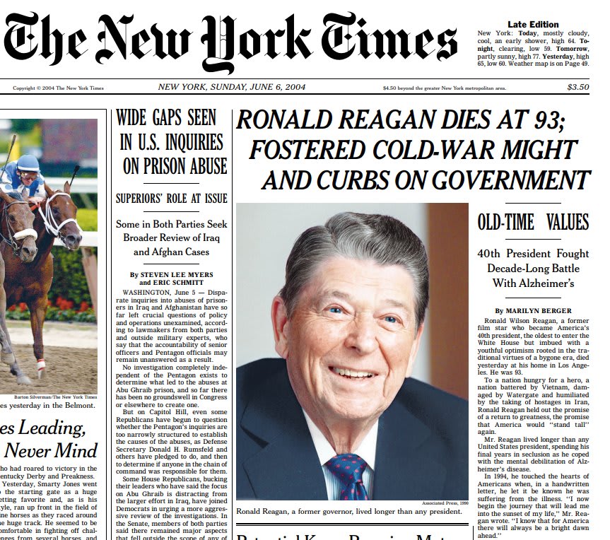 Ronald Reagan, the 40th president of the U.S., died at 93 on this day in 2004. "A great American life has come to an end," said President Bush in a tribute to his predecessor.