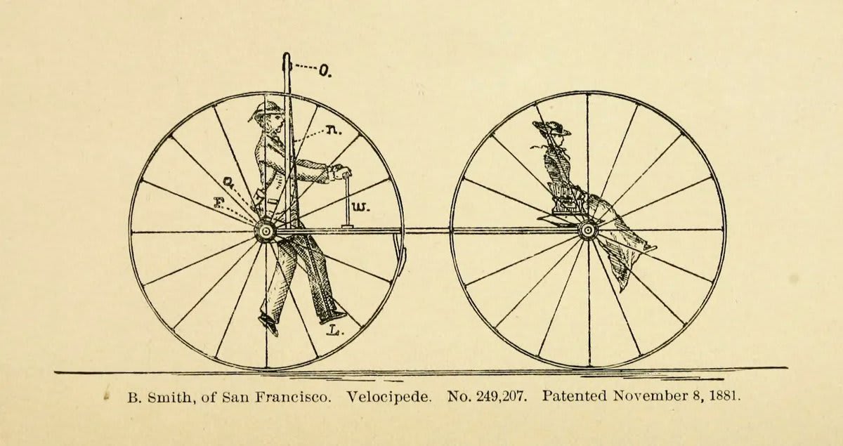 Inventor Robert Pittis Scott's Cycling Art, Energy, and Locomotion (1889) offers a whimsical and illustrated tour through the previous century of “man-motor locomotion” including a second half dedicated to unusual patents: