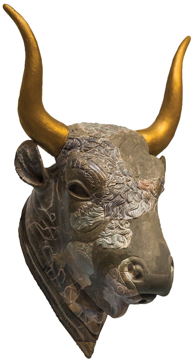 At Zakros on the eastern coast of Crete, Minoan traders built a large complex of storage rooms, banquet halls, courtyards, and pools some 3,500 years ago. Among the luxury goods archaeologists have found there is this bull’s head rhyton.