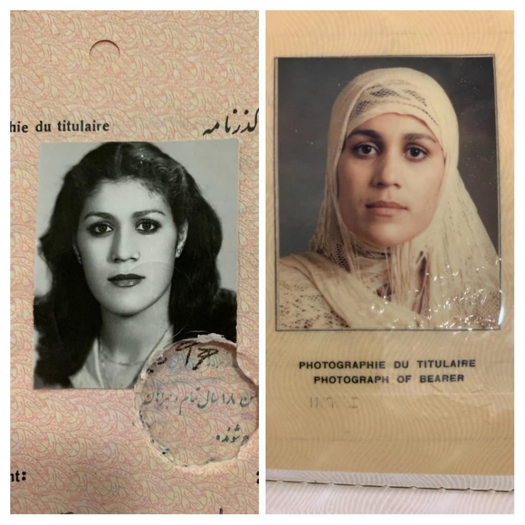 My mom's passport photos before and after the Iranian Revolution. 1978 on the left, 1984 on the right with mandatory hijabs.