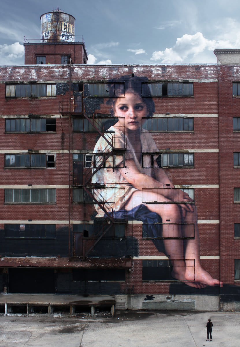 A neoclassical girl towers over Memphis in a seven-story wheatpaste by Julien de Casabianca