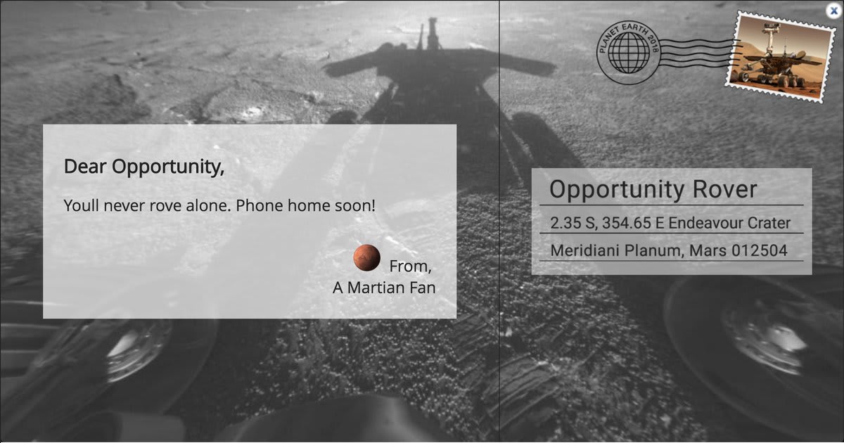 As this massive Martian dust storm clears and @NASA works to regain communication, join me in sending a postcard to @MarsRovers Opportunity: