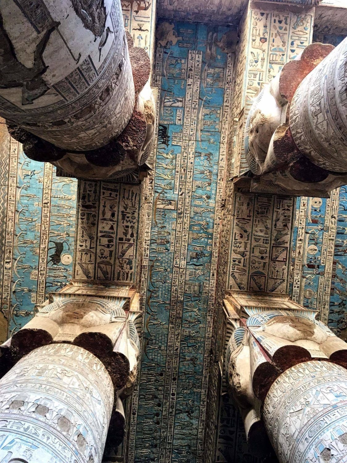 The ceiling of the 2000 years old hypostyle hall of the temple of Hathor in Dendera, Egypt