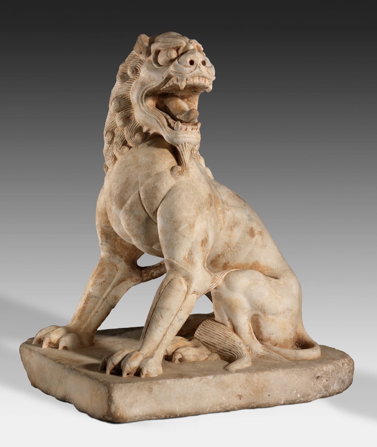 Marble guardian lion with traces of paint. China, Tang dynasty, 670-730 AD