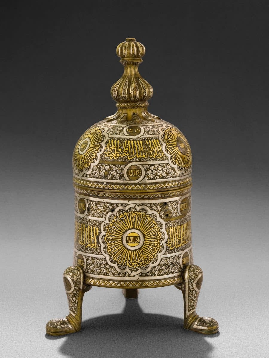 A Mamluk brass incense burner made either in Egypt or Syria. 13th-14th century CE, now on display at the Museum of Islamic Art in Doha