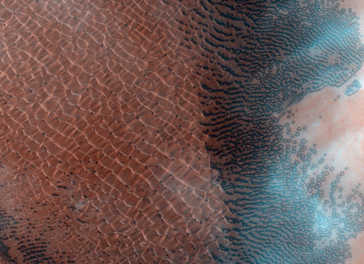 A dune field seen through wispy clouds, reminiscent of a desert on Earth? But this is in fact a martian landscape. This dune field is in Lomonosov crater on Mars, taken by @ESA_ExoMars @ESA_TGO in December 2020 👉