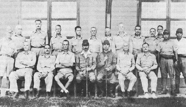 Fourteen American generals (J. M. Wainwright, E. P. King, G. F. Moore, G. M. Parker, A. M. Jones, M. S. Lough, A. J. Funk, J. R. N. Weaver, W. E. Brougher, L. C. Beebe, C. Bluemel, C. C. Drake, A. C. McBride, C. A. Pierce) in Japanese captivity, July 1942. All had been captured in the Philippines.