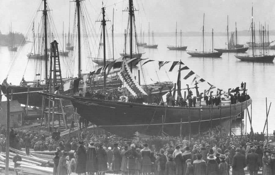 Launch of the schooner “Bluenose” at Lunenberg, Nova Scotia. She is one of the fastest fishing and racing schooners ever built and the pride of her province.