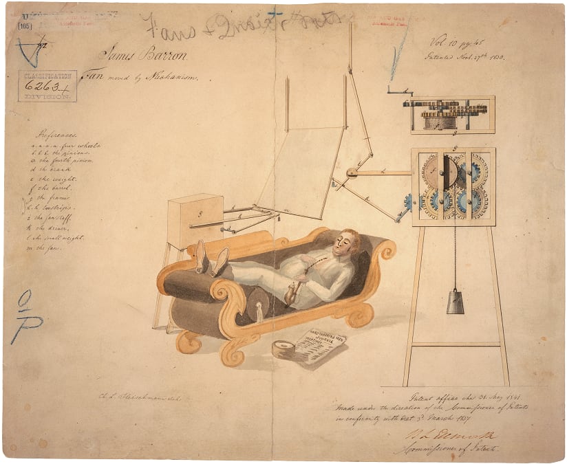 We hope everyone’s having a restful day! Have some leftovers and recline on the couch, maybe under a mechanical fan. James Barron's Patent Drawing for a Fan Moved by Mechanisms, OTD in 1830