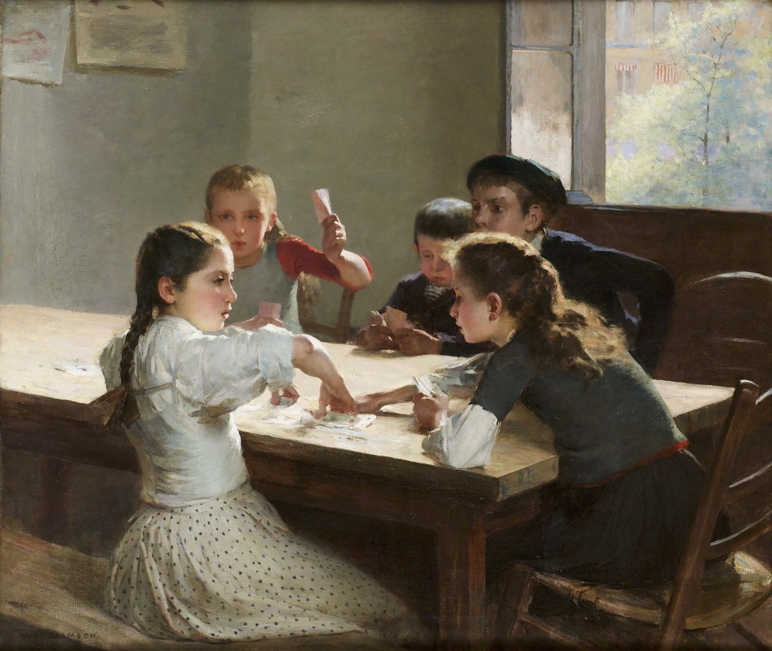 Hugo Salmson (1843-1894) - Interior with Children playing Cards