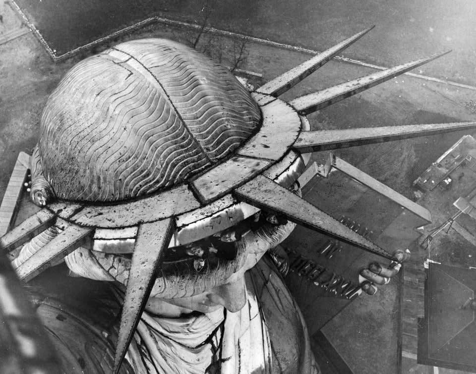 An extremely rare view of the Statue of Liberty from the balcony on its torch. Access has been closed since 1916.