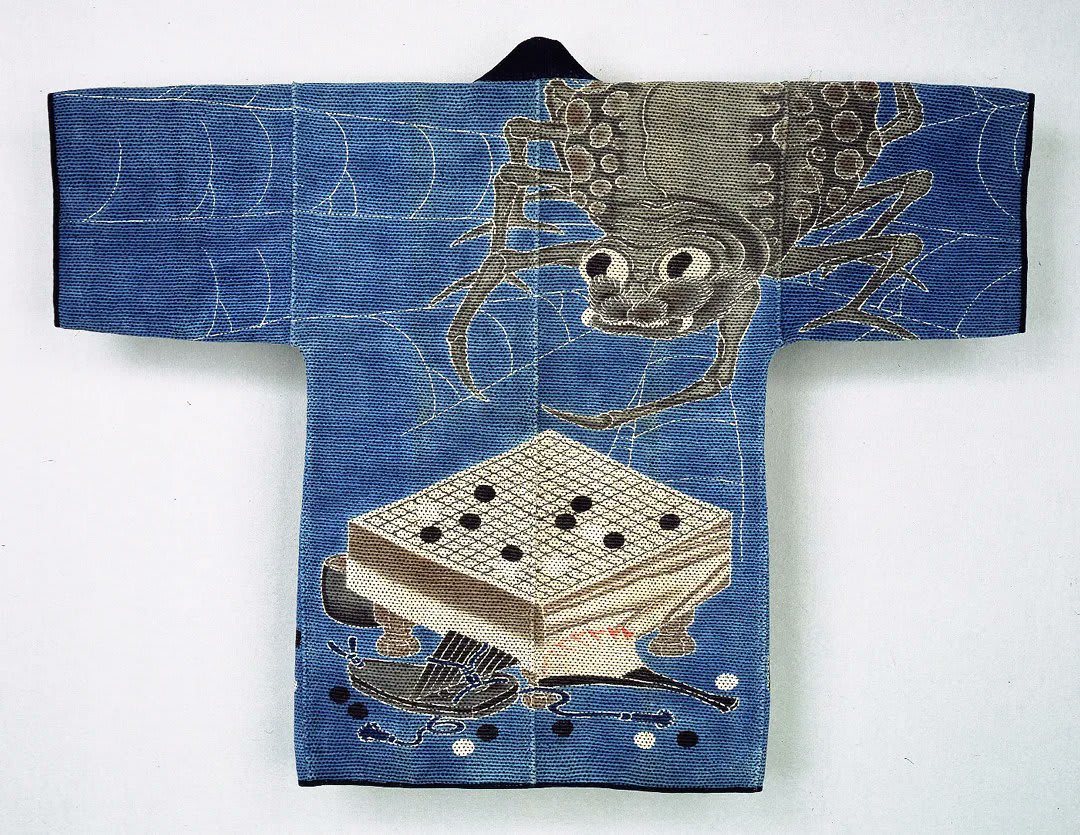 A selection of beautiful firemen’s coats from 19th-century Japan. The coats were reversible — one side was plain and the other side (worn on the inside while tackling blazes) was decorated with rich and symbolic imagery: