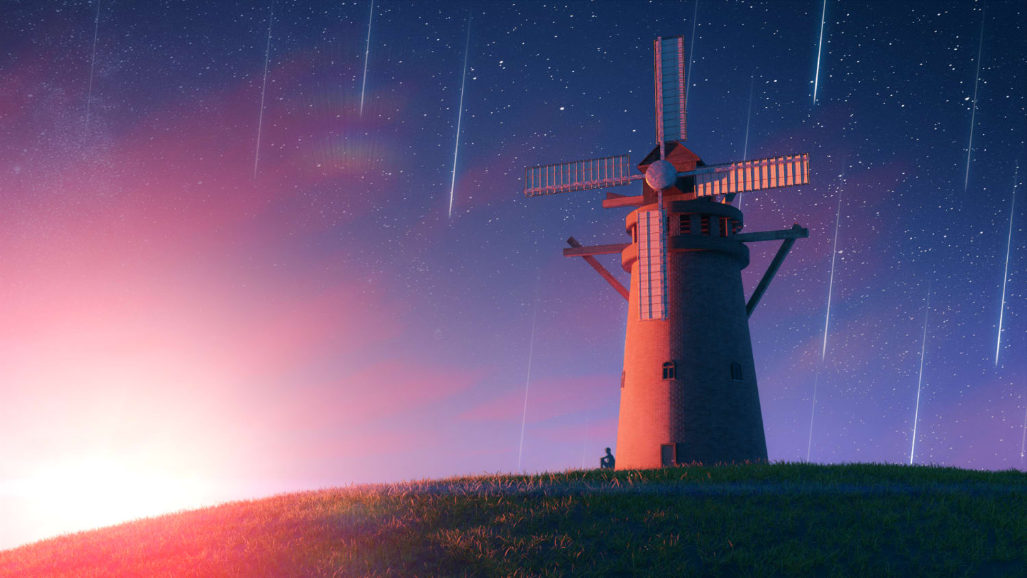 Anime-styled Evening windmill Scene