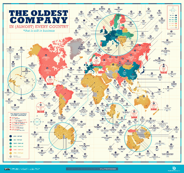 Colorful World Map Reveals the Oldest Running Businesses of (Almost) Every Country