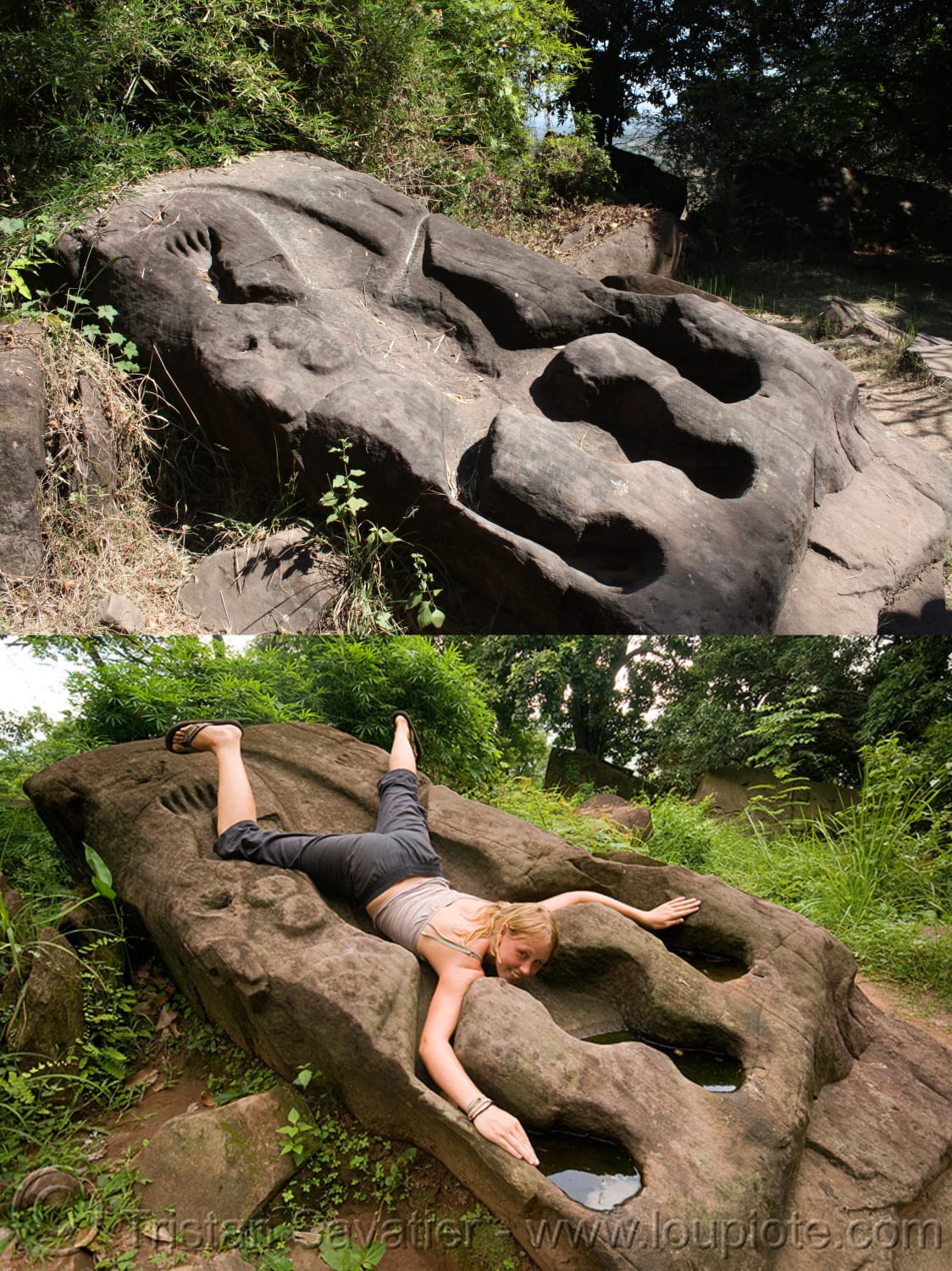 The Crocodile Stone is a peculiar rock, located in the Vat Phou Temple complex in Laos, that contains the carving of a crocodile. It was possibly the site of an annual human sacrifice in pre-Angkorian times (before the 9th century CE)