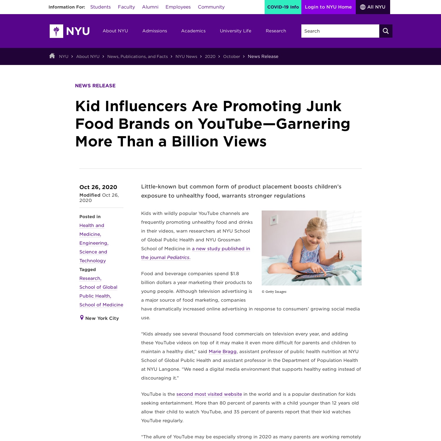 Kid Influencers Are Promoting Junk Food Brands on YouTube—Garnering More Than a Billion Views: Little-known but common form of product placement boosts children’s exposure to unhealthy food, warrants stronger regulations